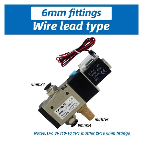 Solid DC12V Solenoid Valve For Pneumatic Systems With 6mm Fittings wire lead type with muffler, suitable for DIY projects.