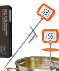 Digital Deep Fry Thermometer With Rotatable Display, 10 Inch Probe, Instant Read, Orange Color, clipped to pot with temperature.