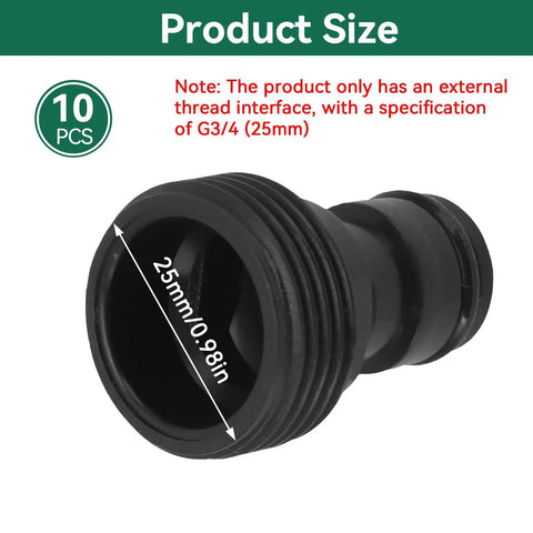 Garden Hose Quick Connect Fittings Set Must Have 10 Pcs Water Hose Connectors, black plastic G3/4 thread adapter displayed on size chart.
