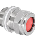 Front view of stainless steel explosion-proof cable gland connector with red seal insert and white gasket
