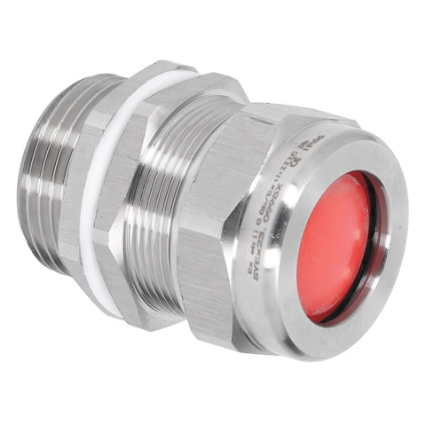 Front view of stainless steel explosion-proof cable gland connector with red seal insert and white gasket