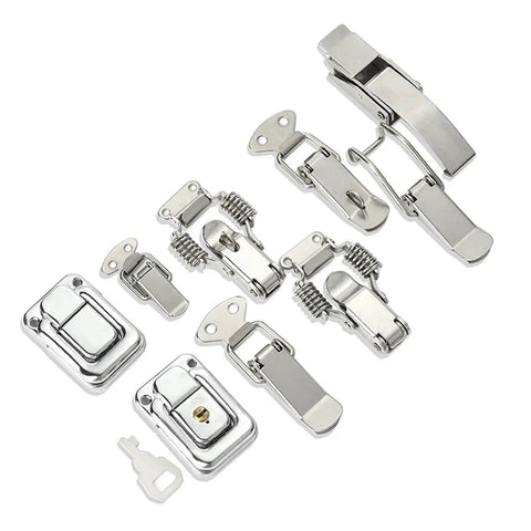 Durable Spring Loaded Latch Catch Toggle Hasp For Cabinet Boxes Sliding Doors And Windows Made From Mild Steel Heavy Duty Simple Lock Hardware Tool Accessory - variety of toggle latches in silver finish.