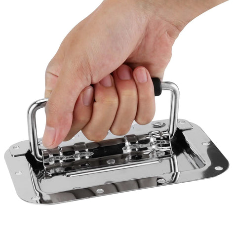 Hand holding 8 Pack Heavy Duty Recessed Pull Handle With Spring Loaded Grip, Carbon Steel Silver Finish, for Toolbox and Barn Door