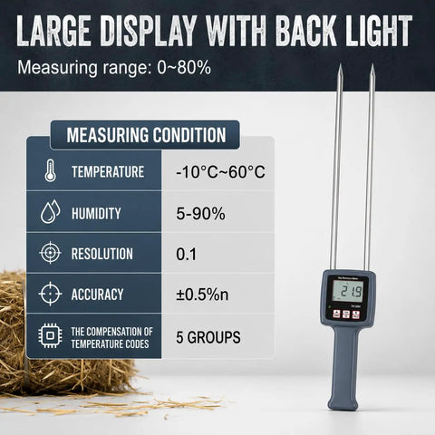 Portable Hay Moisture Meter With Probe Quick Accurate Digital Readout Today For Farms Keeps Hay In Check To Prevent Mold Spoilage And Quality Degradation, digital hay meter with dual probe and backlit display
