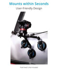 Rock Solid Heavy Duty Vehicle Camera Mount With Quick Lock Suction Cups And Flexible Extension Rods on a car with three suction cups.