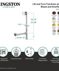 Solid Brass Clawfoot Tub Waste And Overflow Drain In Antique Finish With Smooth Lift And Turn Stopper dimensions and features diagram.