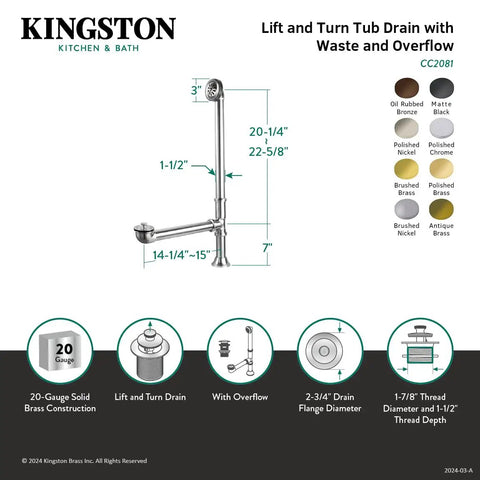 Solid Brass Clawfoot Tub Waste And Overflow Drain In Antique Finish With Smooth Lift And Turn Stopper dimensions and features diagram.