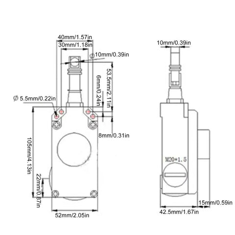Diagram of Industrial Pull Rope Safety Switch With Cord Cable Single Phase 380V showing dimensions and structure from front and side views.