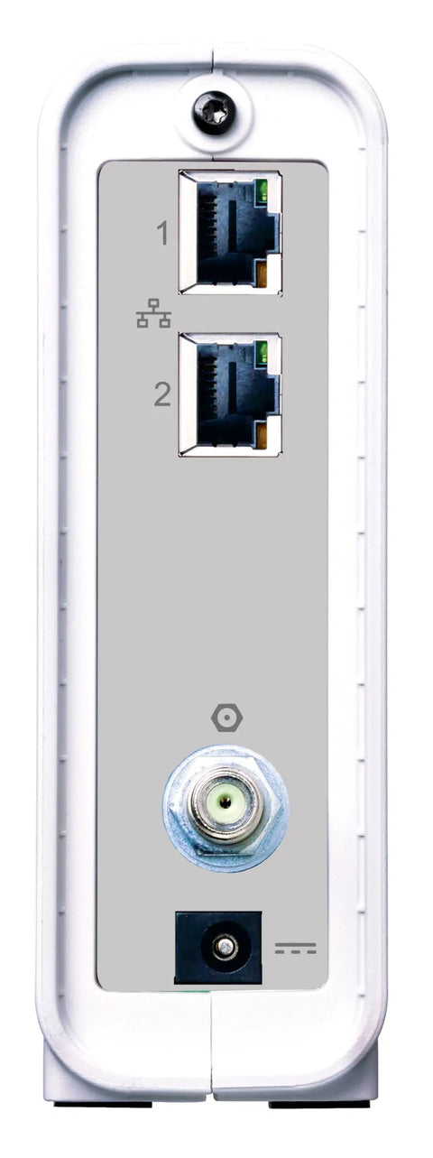Back view of Ultra Fast DOCSIS 3.1 Cable Modem With Dual 1Gbps Ethernet Ports No Fuss Plug And Play Setup For Xfinity Cox Spectrum.
