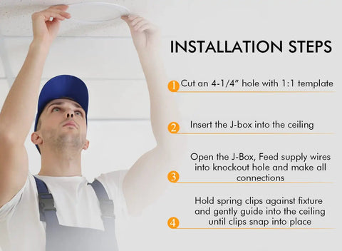 Man installing Six Pack 4 Inch Ultra Thin LED Recessed Ceiling Light With Junction Box 5 Color Temperature.