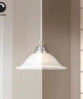 Single Light Pendant With Satin Nickel Finish And Alabaster Glass Shade Dimmable And Flexible Hardwired Or Plug In For Kitchen Island