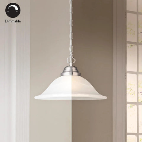 Single Light Pendant With Satin Nickel Finish And Alabaster Glass Shade Dimmable And Flexible Hardwired Or Plug In For Kitchen Island