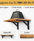 Heavy Duty Folding Shelf Brackets 20 Inch Set Of Two 500 Lbs Wall Mounted Collapsible Brackets securely holding a wooden shelf.