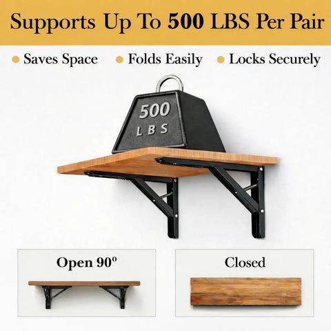 Heavy Duty Folding Shelf Brackets 20 Inch Set Of Two 500 Lbs Wall Mounted Collapsible Brackets securely holding a wooden shelf.