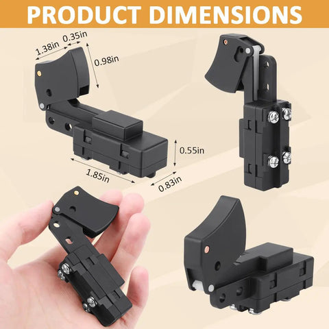 Real Tough SW77 Trigger Switch Replacement For Skil Bosch Ryobi Ridgid Worm Drive Circular Saws dimensions shown in hand.