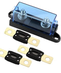Heavy Duty 175 Amp Bolt Down Fuse Block With Mega Anl Auto Fuse for Ride Ready Rides, includes three fuses.