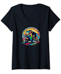 Look Fresh Every Time You Hit The Road With This Dope Colorful Rickshaw V Neck Tee For Women Packed With Loud Tropical Asian Street Art And Serious Travel Love, black cotton blend graphic tee with vibrant rickshaw design.