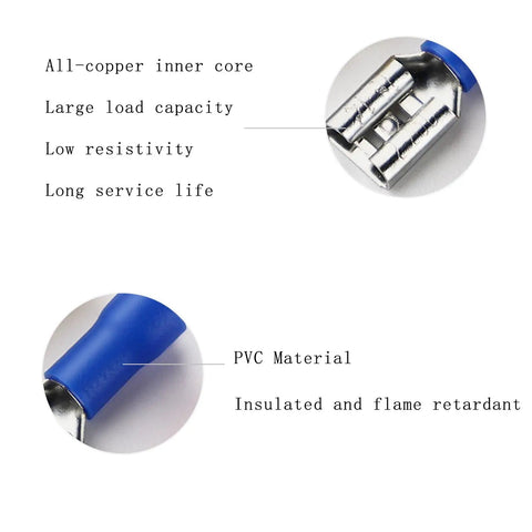 200Pcs Red Vinyl Insulated Female Spade Wire Connectors For DIY Auto Wiring 22-16 AWG 6.3mm 1/4 Inch Quick Disconnect Terminals Electrical Crimp Connectors With Flame Retardant PVC Insulation, blue PVC insulated female spade terminal