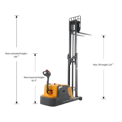 Heavy Duty Counterbalanced Electric Pallet Stacker 3300 Lbs Capacity with 118 inch max lift height and control handle for warehouse use.