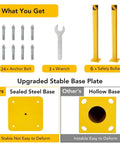 Six Piece Built Like A Tank Thirty Six Inch Yellow Steel Safety Bollard Posts With Four Point Five Inch Diameter and 24 anchor bolts and wrenches.