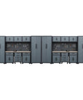 Heavy Duty Steel Garage Storage Cabinet Setup 18PC Modular Workshop Rig featuring lockers and tool drawers against wall.