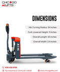 Robust Chicago Lifts Full Electric Pallet Jack 4400 Lb Capacity with 63 inch overall length and 54 inch turning radius for warehouse use.