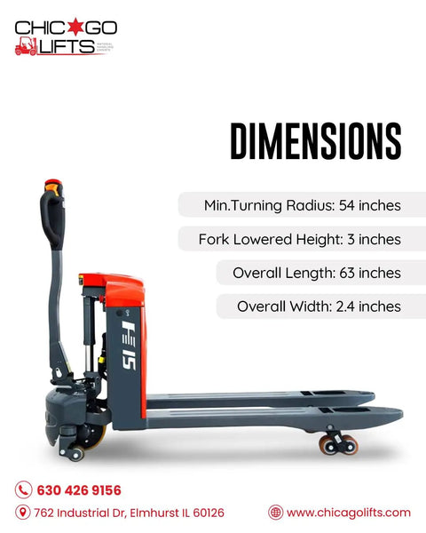 Robust Chicago Lifts Full Electric Pallet Jack 4400 Lb Capacity with 63 inch overall length and 54 inch turning radius for warehouse use.