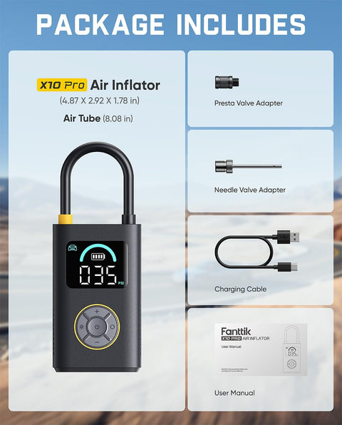 X10 Pro Portable Tire Inflator With No Fuss 35 Second Jet Inflation 150 Psi Cordless Air Pump package contents display