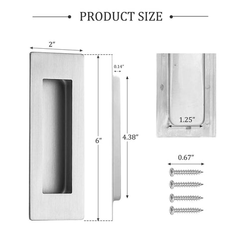 Pocket Door Pull And Edge Pull Set In Brushed Nickel, 6 Inch Handles, dimensions and screws included, 304 Stainless Steel