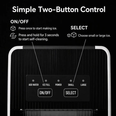 Control panel of Portable Countertop Ice Maker slashes seven minute wait times with two-button setup and indicator lights.