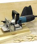 Pro Grade Wood Biscuit Joiner Kit 100 Pcs Beech Wood Biscuits shown with joiner and expansion setup.