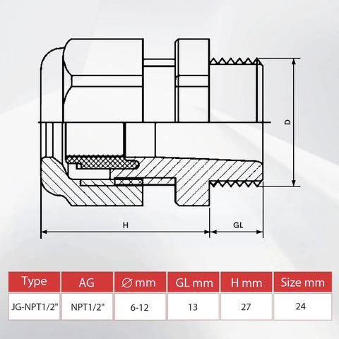 Technical diagram of Beefy Copper Cable Glands Set Of 4, Half Inch NPT Adjustable Sealing Grommets For 6-12mm Wires