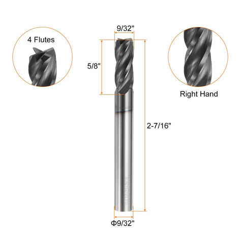 Illustration of Carbide Square Nose End Mill Bit 9/32 Inch Cut Diameter 9/32 Inch Shank 5/8 Inch Cut Length 2-7/16 Inch Overall Length 4 Flutes TiAlN Coated Milling Cutter For Hardened Steel 30 Degree Helix