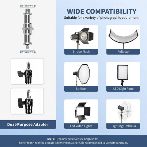 Diagram showing adapter and compatible photo equipment for Heavy Duty 15.7ft Air Cushioned Light Stand Tripod With Aluminum Alloy Tubing