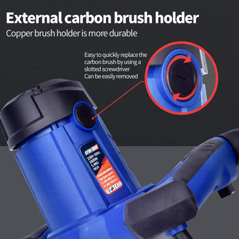 Close-up of external carbon brush holder on 1800W Electric Concrete Mixer With 7 Speed Control, Beast Heavy Duty Cement Mixer Drill Tool.