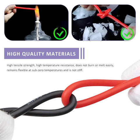 Two Package 2 Awg Battery Cables 12 Inch Pure Copper Power Inverter Wires With 3/8 Ring Lugs demonstrating heat resistance and flexibility.