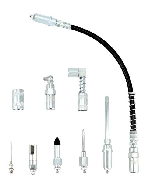 Nine Piece Grease Gun Tip Set With Universal Couplers For All Grease Lubrication Jobs Includes 15.5 Inch Flexible Hose