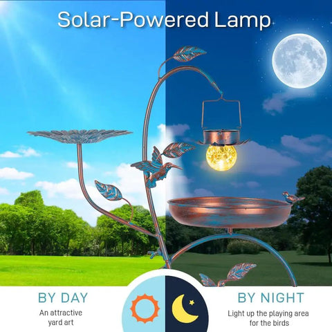3 In 1 Outdoor Metal Bird Bath With Feeder And Planter Garden Blue Bird Bath With Solar Lights For Backyard Dope Weatherproof Easy Assembly Attract Birds And Add Color To Your Outdoor Space, showcasing day and night functions.