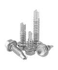 Built Tough 410 Stainless Steel Self Drilling Screws Featuring Hex Washer Head, Number 14 By One And One Quarter Inch, Fifty Pack grouped together.