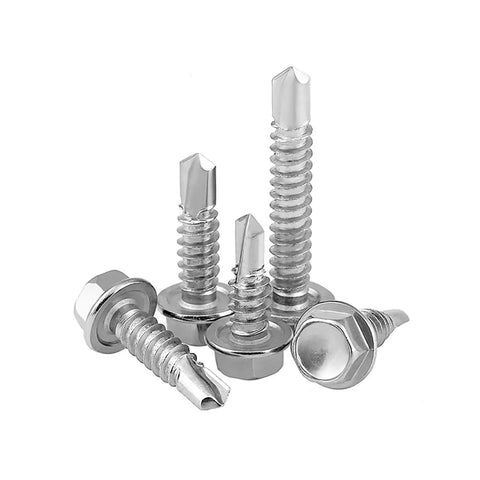 Built Tough 410 Stainless Steel Self Drilling Screws Featuring Hex Washer Head, Number 14 By One And One Quarter Inch, Fifty Pack grouped together.