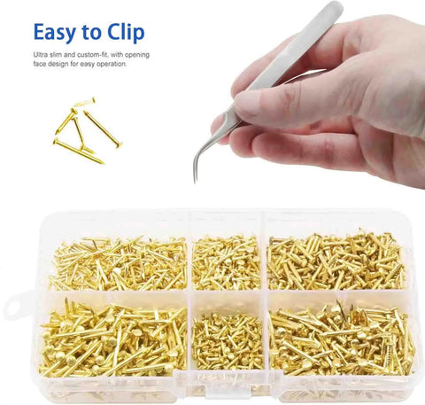 Gold Plated Carbon Steel Tiny Nails Kit For Woodworking And Diyers, 1200Pcs Micro Nails In 7 Sizes With Tweezers Display
