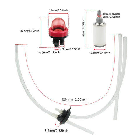 Fuel Line Kit Replacement For Husqvarna 125B 125BVX 125BX Leaf Blower, tube and primer bulb set with dimensions