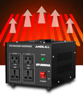 Beefy 2000W Voltage Transformer Converter with dual outlets and voltage settings, showing step up and down functionality