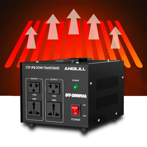 Beefy 2000W Voltage Transformer Converter with dual outlets and voltage settings, showing step up and down functionality