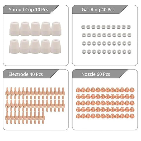 150 Pc Set Pt-31 Air Plasma Cutting Nozzle And Electrode Consumables Fits Cut-40 Cut-50d Ct-312 with shroud cups, gas rings, electrodes, and nozzles.