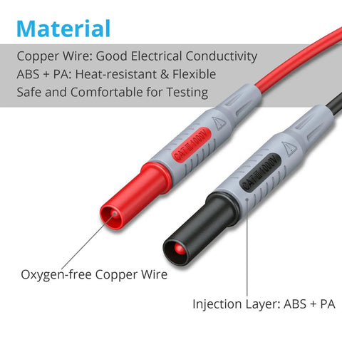 Close-up of Electrical Multimeter Test Lead Kit 24Pcs with red and black probes, ABS + PA insulation, copper wire for testing.