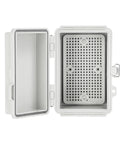 Tough As Nails Weather Resistant Gray Enclosure For Din Rail And Relay Mounting With Smooth Abs Shell open, showing interior and mounting holes.