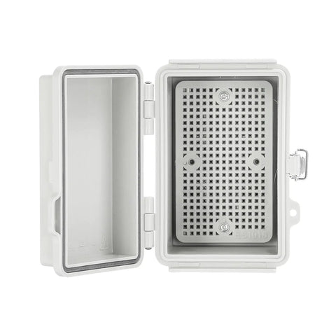 Tough As Nails Weather Resistant Gray Enclosure For Din Rail And Relay Mounting With Smooth Abs Shell open, showing interior and mounting holes.