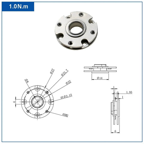 Heavy Duty Hollow Plane Shaft 360 Degree Rotation Disc Hinge With 1.0N.m Damping details with dimensional drawings and side view.