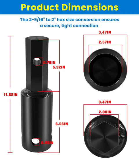 Heavy Duty Auger Adapter Converts 2-9/16 Round Drive To 2 Inch Hex For Augers with dimensions and welded steel